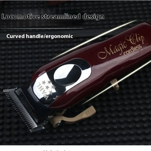 Cordless charging hair clippers set with stainless steel cutter head and EU UK US plug adapters.