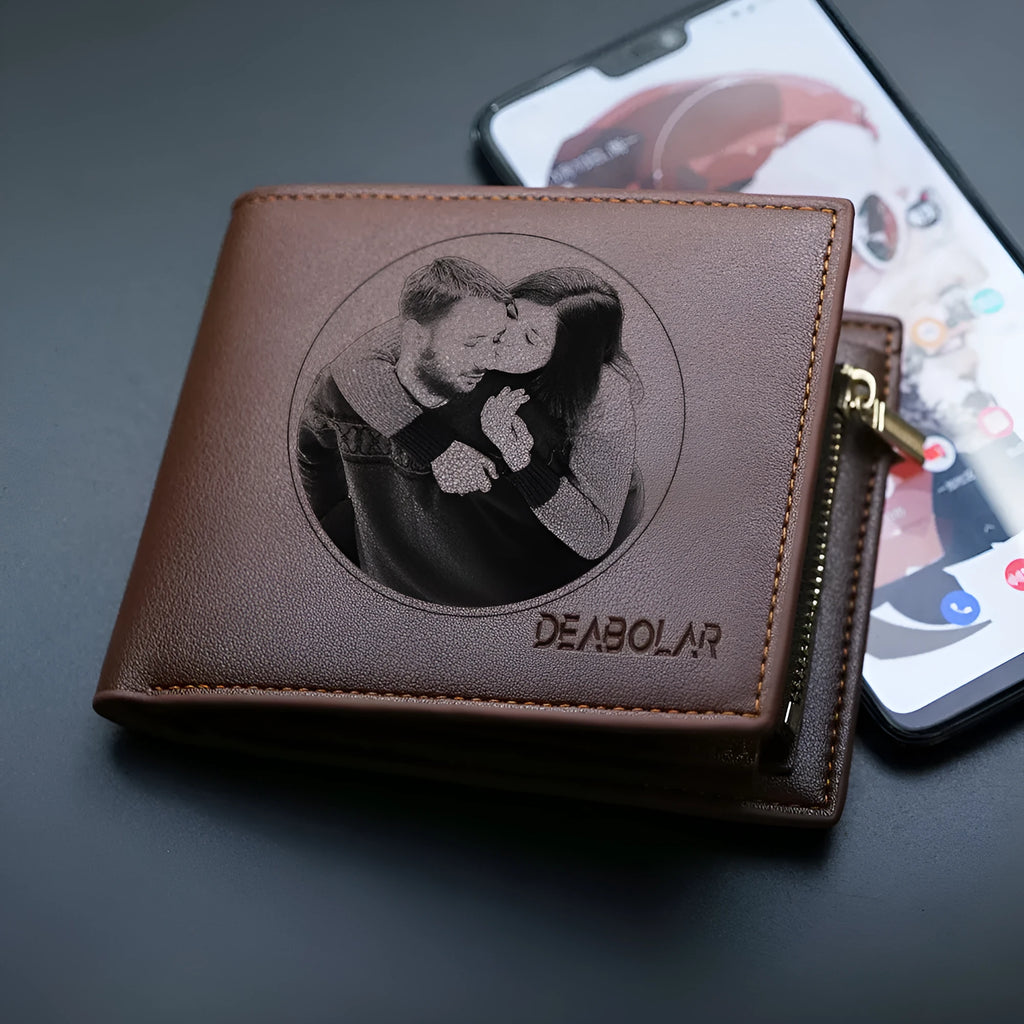 Men's leather wallet with zipper closure, individually packaged for gifting.