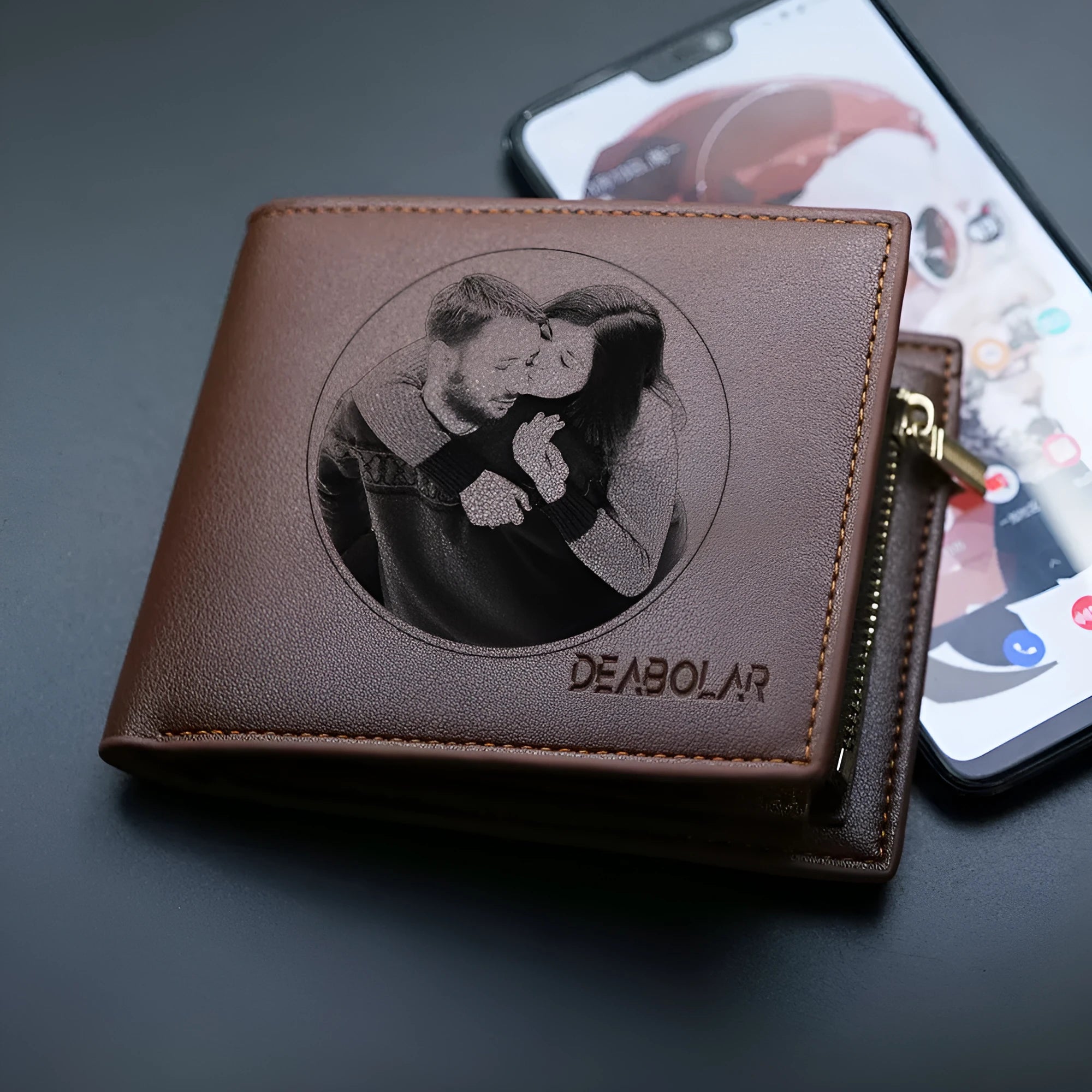 Men's leather wallet with zipper closure, individually packaged for gifting.