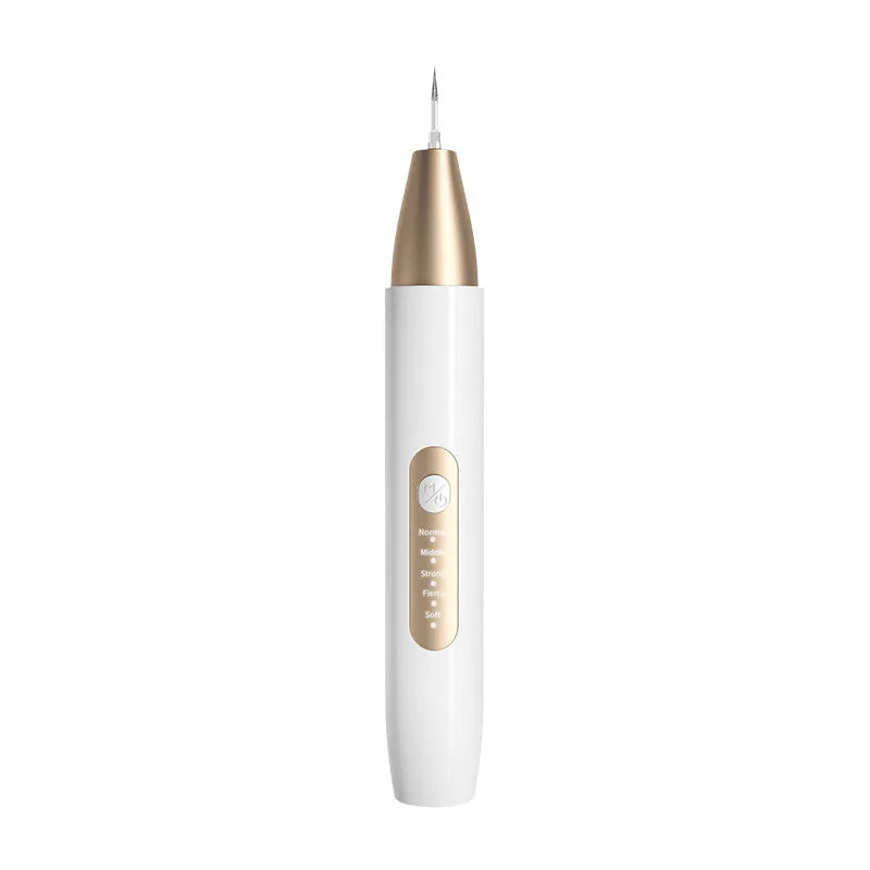 Gold coloured ultrasonic tooth cleaning device with metal scaler tip for tartar and stain removal.