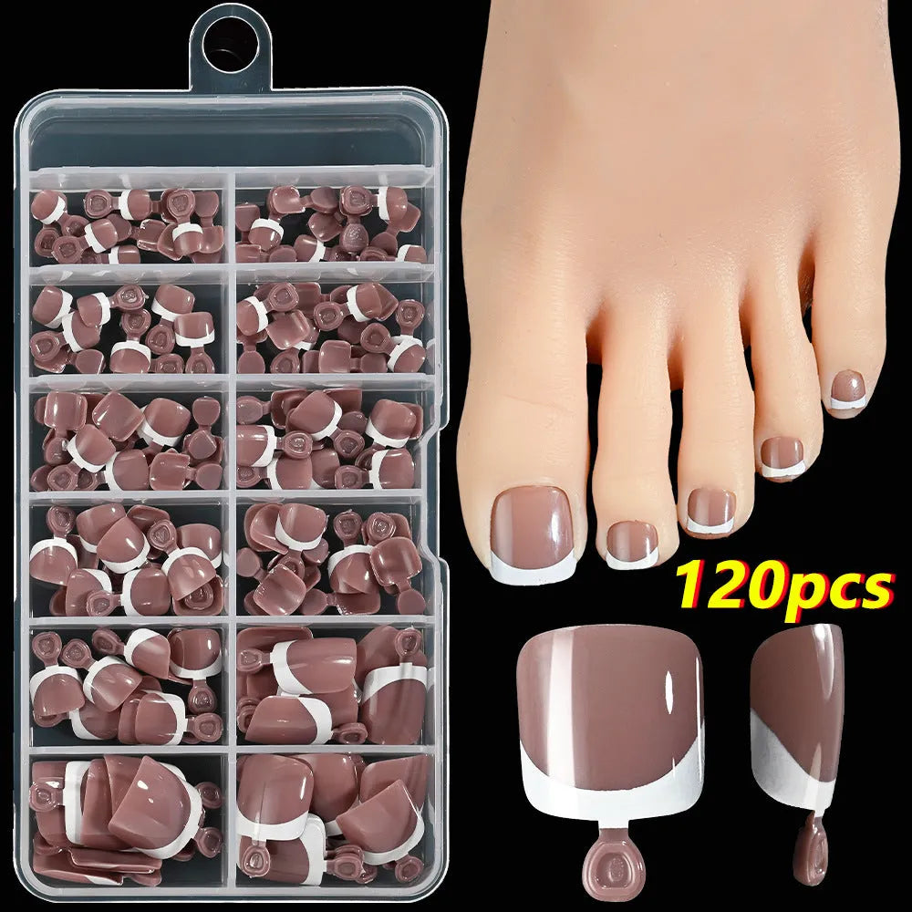 Box of 120 French tip artificial toenails in full square short shape with nine nude colour options