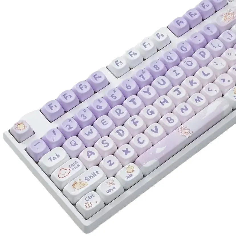 Gradient purple PBT keycap set with rabbit artwork for mechanical keyboard customisation.