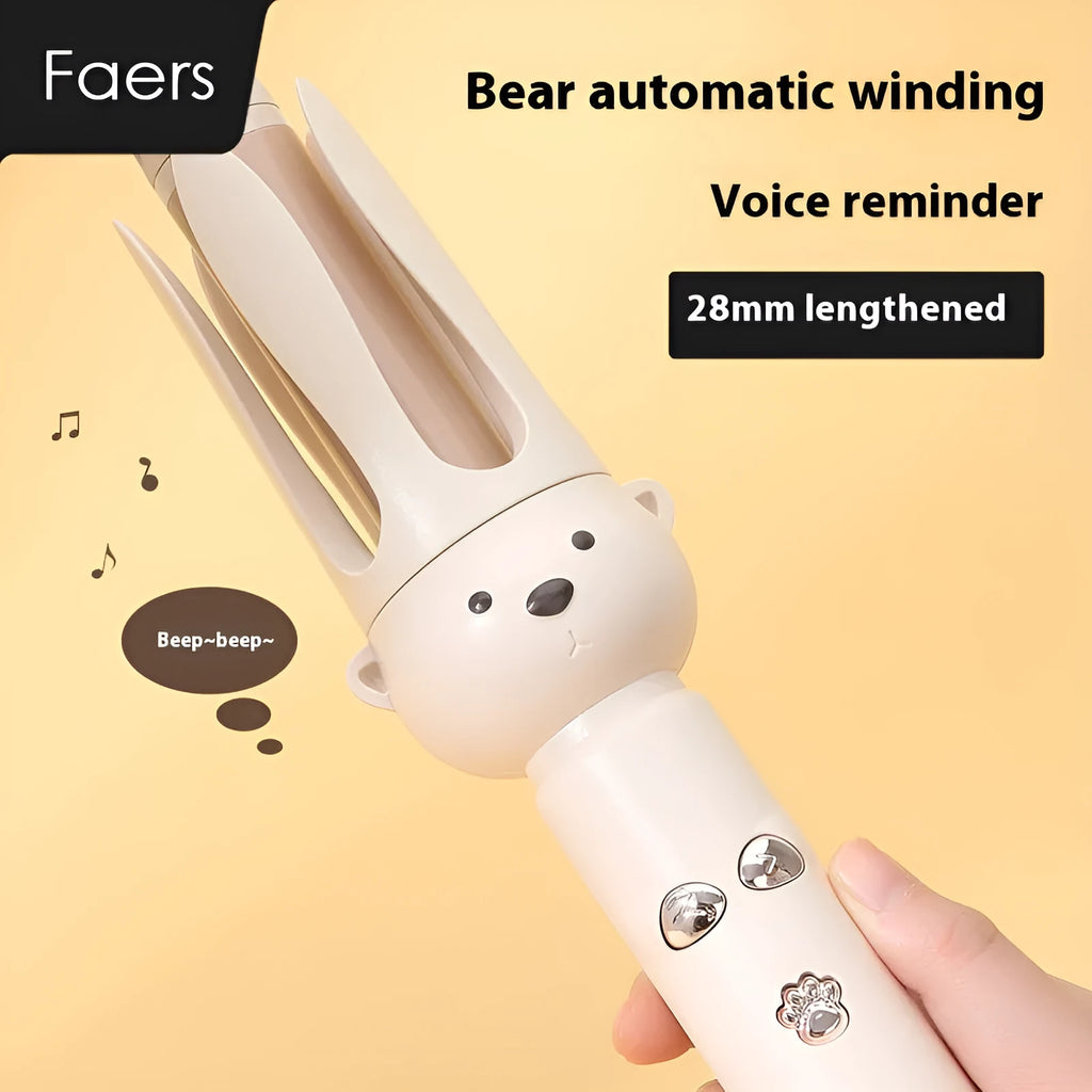 Beige FS-H208 anion automatic hair curler with attached hair stick on a white background.