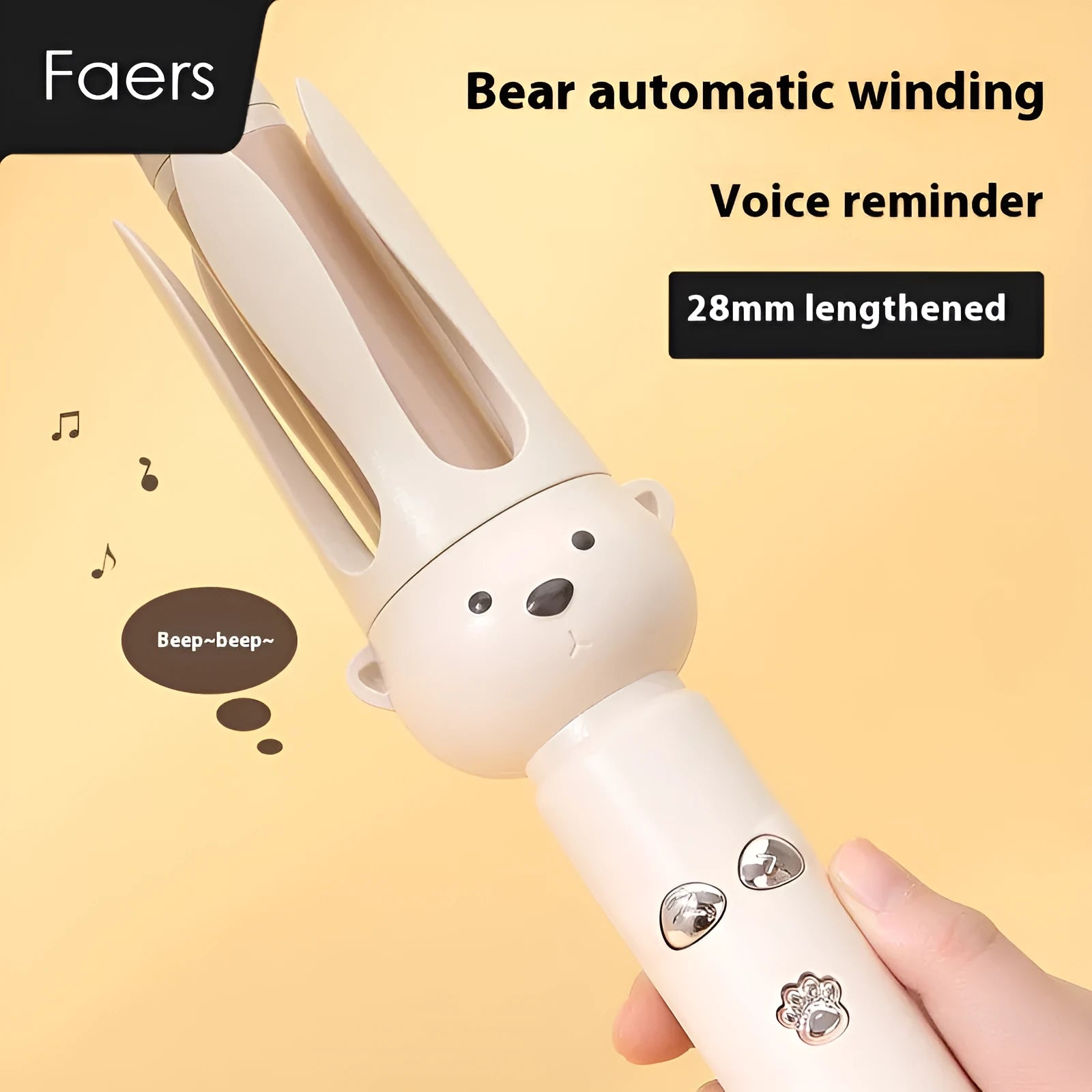 Beige FS-H208 anion automatic hair curler with attached hair stick on a white background.