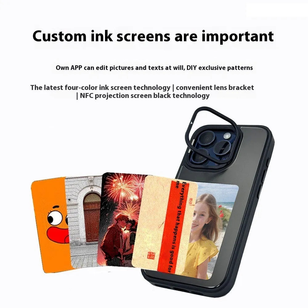 NFC projection screen phone case with four-colour e-ink display and integrated bracket for iPhone models