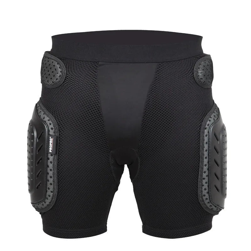Black cycling hip pad protection pants with gel padding for sports safety