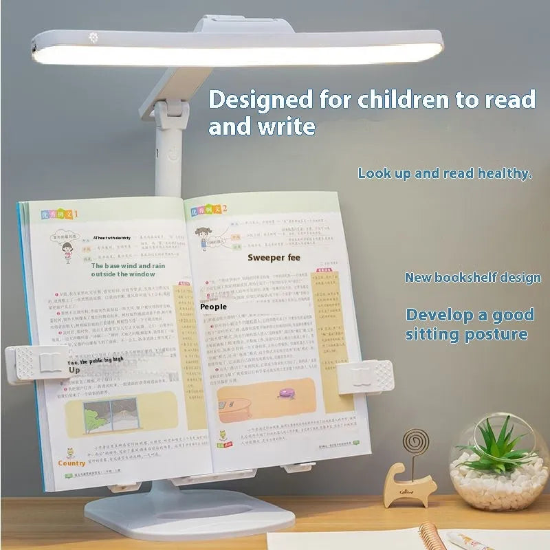 Multifunctional adjustable desk lamp with a built-in bookshelf shelf and three-speed colour temperature control.