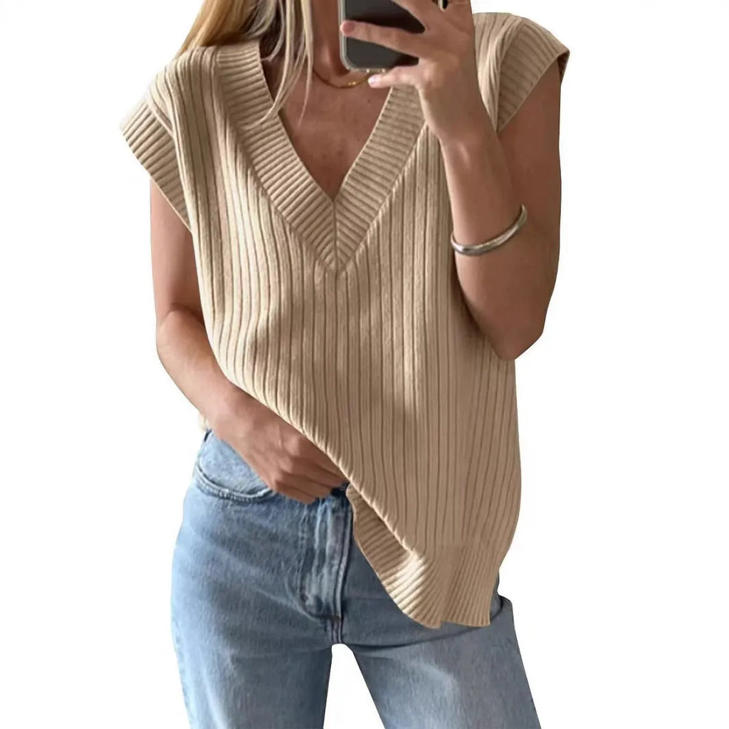 Women's V-neck sleeveless pullover vest in thin viscose fibre fabric, camel colour, loose casual fit