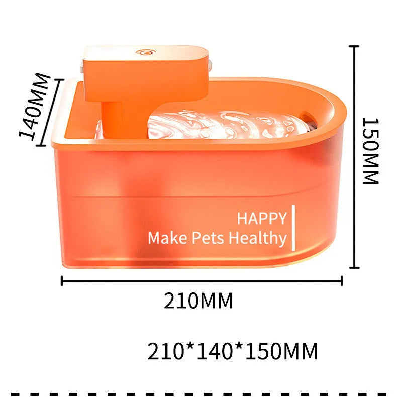 Orange infrared induction pet water dispenser with 1.8 litre capacity and USB cable