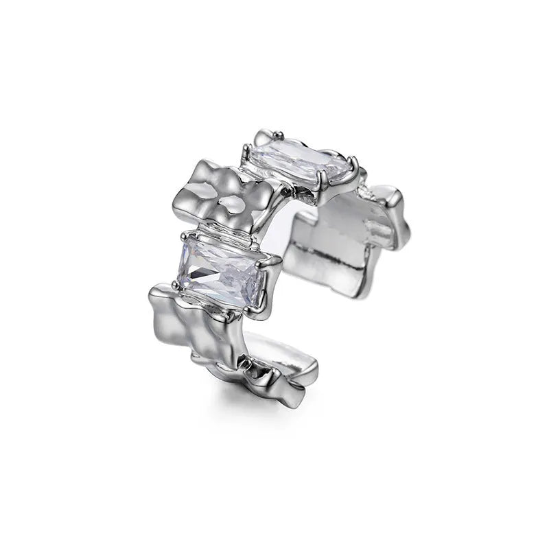 Open geometric silver ring with three-dimensional zircon decoration in retro pastoral style