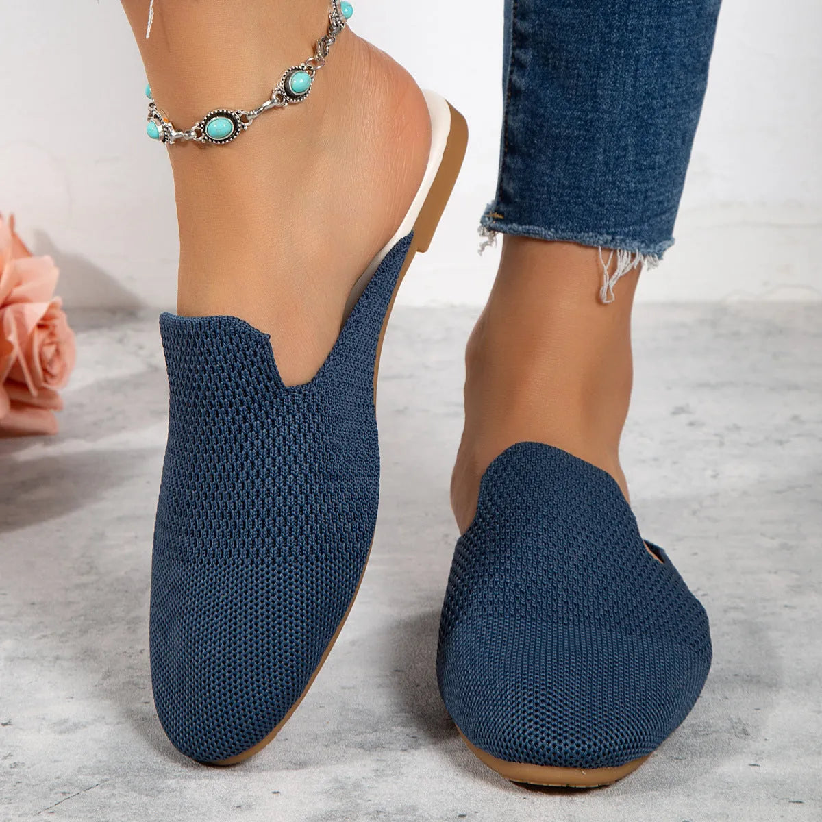 Women's blue mesh slip-on sandals with round toe and flat rubber sole