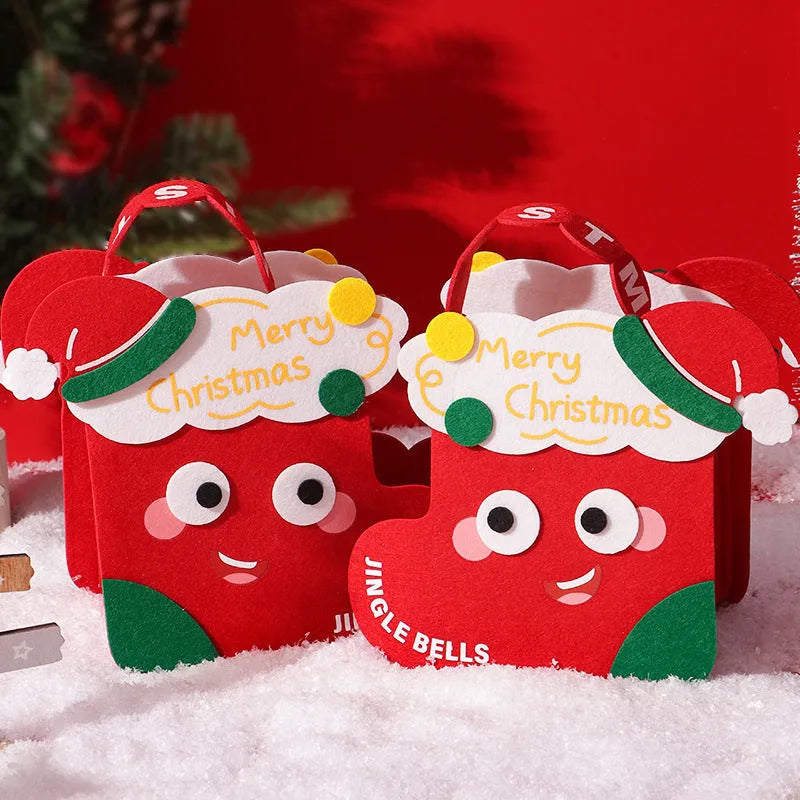 Christmas felt gift bag in green and red with cartoon design for gift packaging