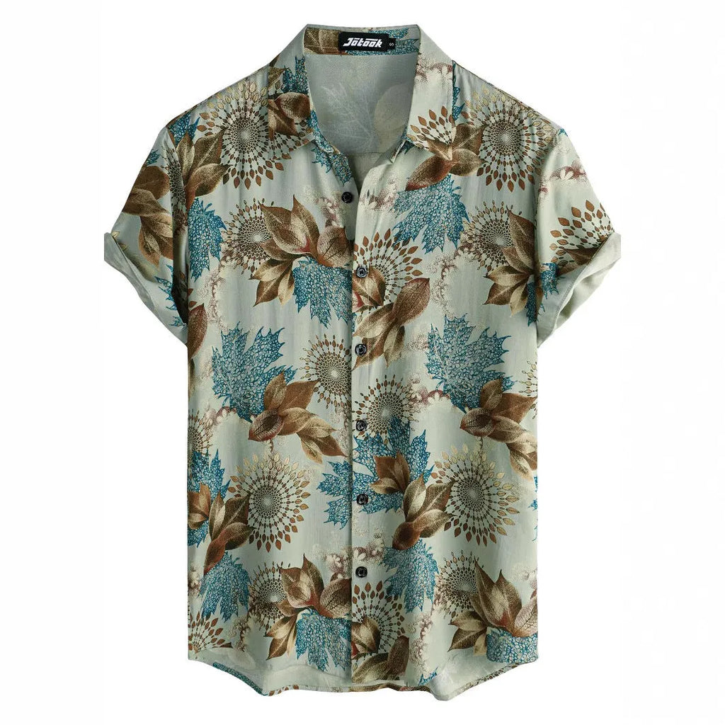 Hawaiian print lapel short sleeve shirt cardigan with digital printed floral pattern in street fashion style
