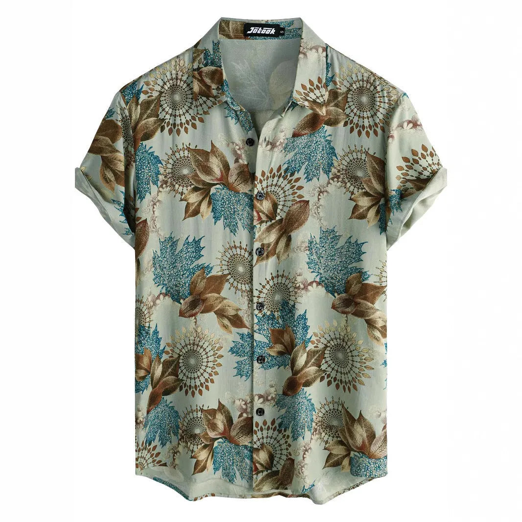 Hawaiian print lapel short sleeve shirt cardigan with digital printed floral pattern in street fashion style
