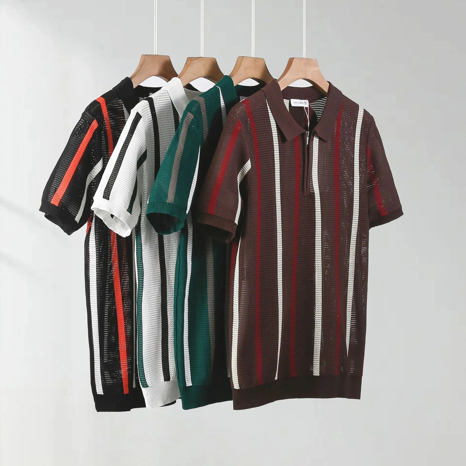 Short sleeve hollow mesh polo shirt in ice silk fabric with zipper details