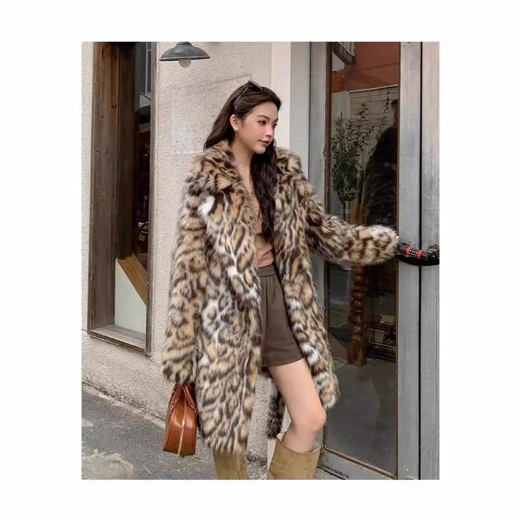 Street fashion faux fur coat with fox-style collar and regular sleeves