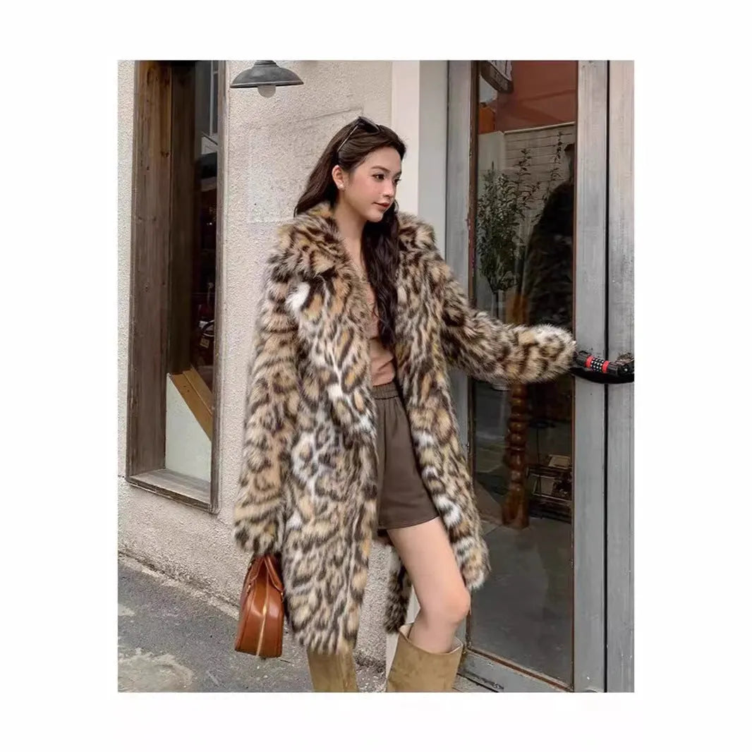 Street fashion faux fur coat with fox-style collar and regular sleeves