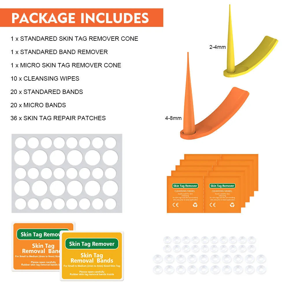 Orange handheld mole removal device with rubber rings, cones, alcohol swabs, and manual
