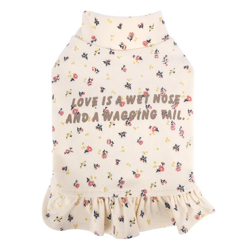 Light purple and apricot pet undershirt with thick polyester outer and floral inner skirt for small dogs