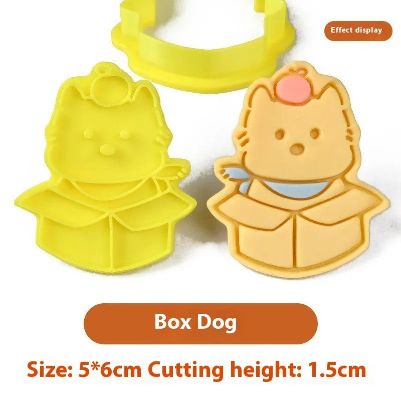 Plastic 3D cartoon puppy biscuit mould showing seven style variations including birthday hat and swimming ring designs