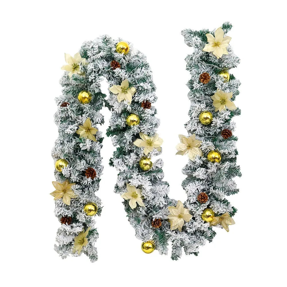PVC Christmas rattan garland with flocking in red, hung on a door