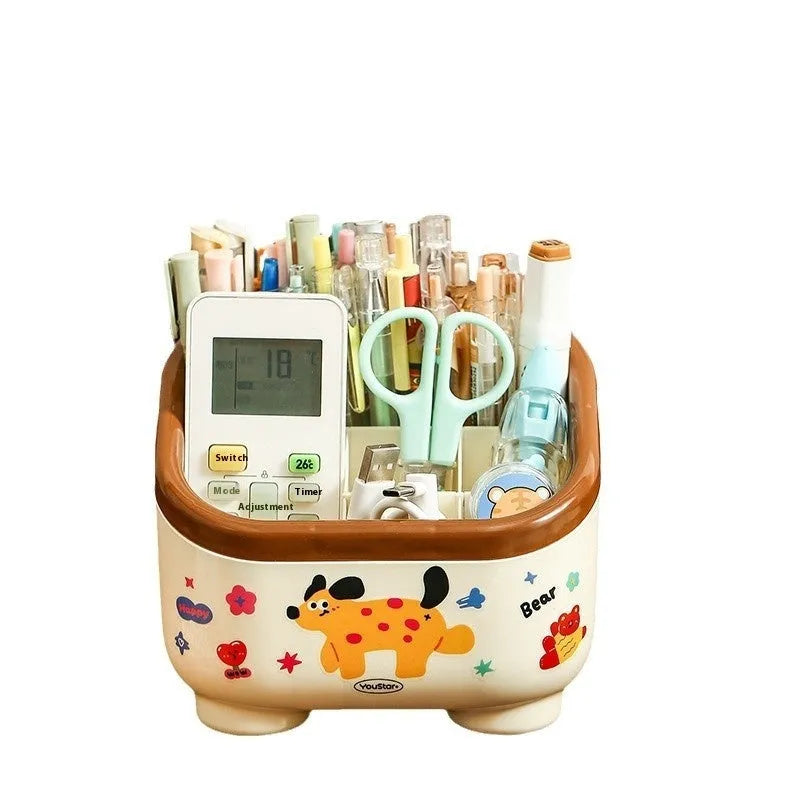Cartoon style desktop storage organiser with multiple compartments including pen holders, storage boxes and flap trash can