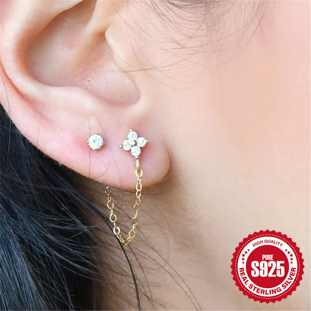 S925 sterling silver earrings with electroplated gold finish and geometric flower tassel chain design