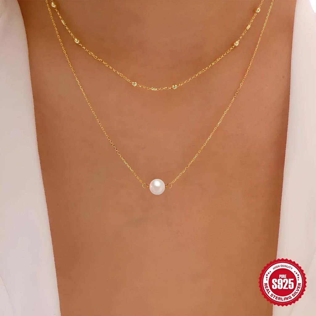 S925 sterling silver necklace with double layer twin pearl pendant on ball bead chain