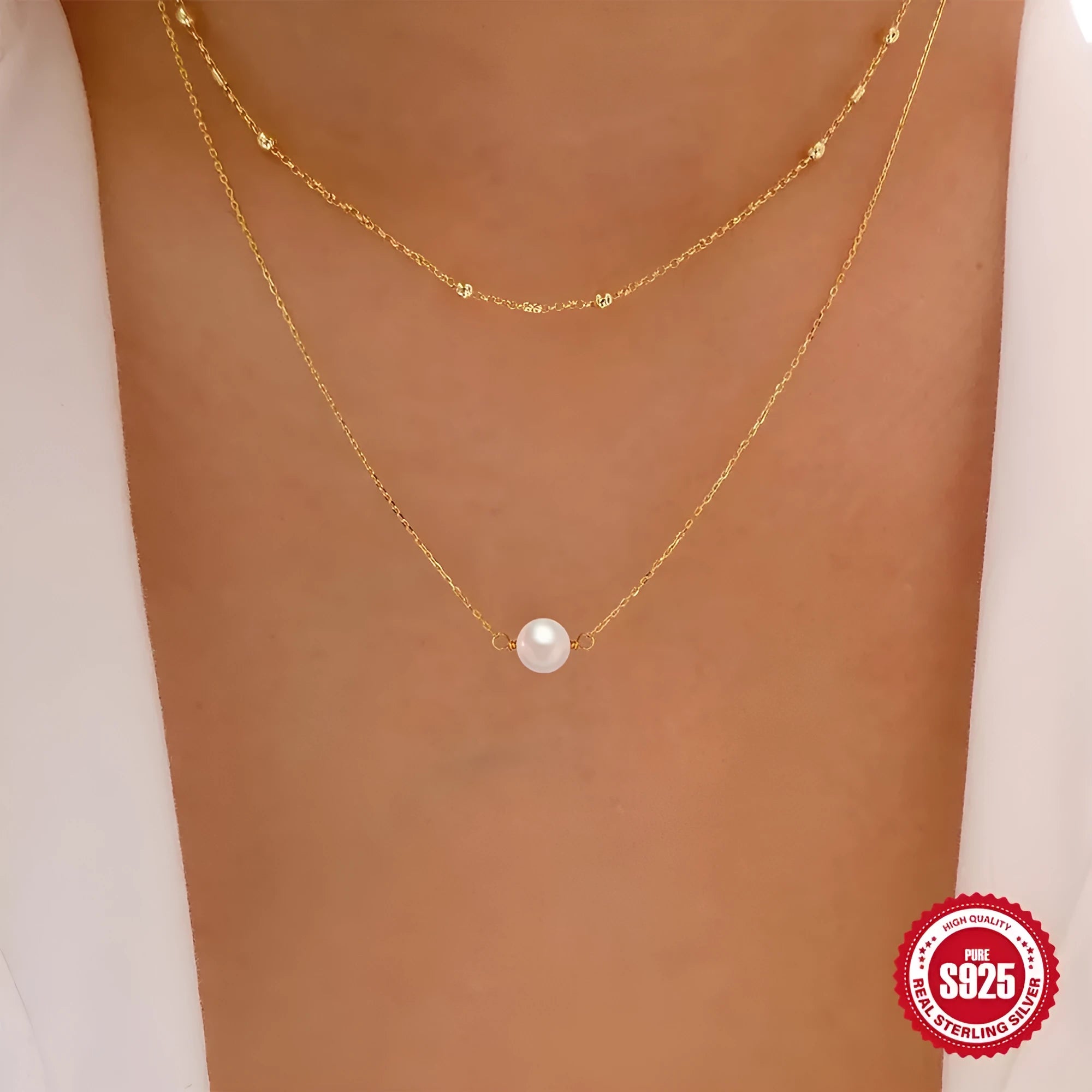 S925 sterling silver necklace with double layer twin pearl pendant on ball bead chain
