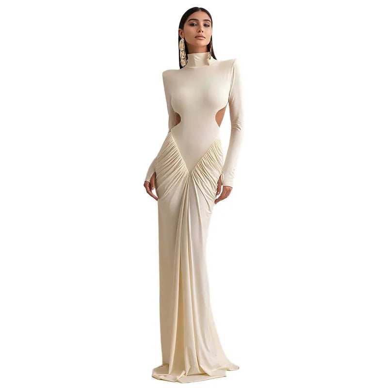 Long sleeve high collar slim fit pleated backless dress in a solid colour.