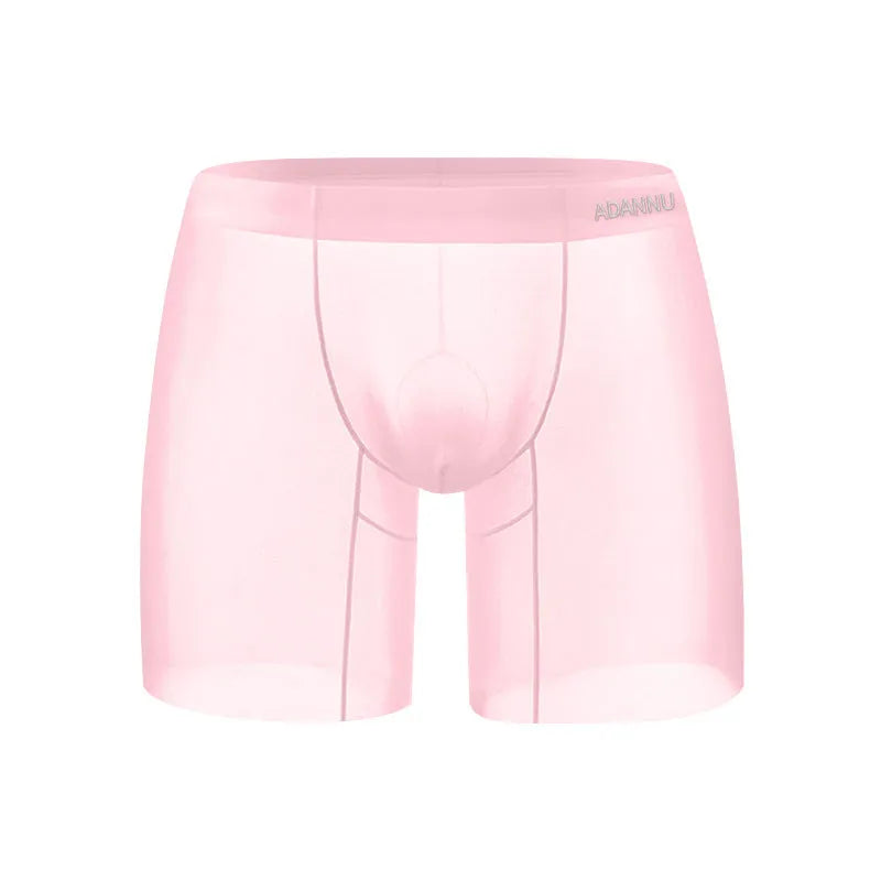 Men's ice silk boxers in orange, pink and red colours showing low waist design