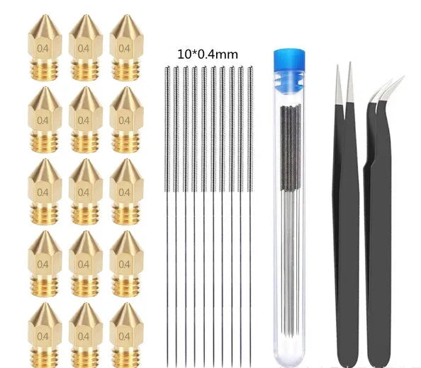 MK8 brass 3D printer nozzle with 0.4mm aperture and stainless steel cleaning pin on white background