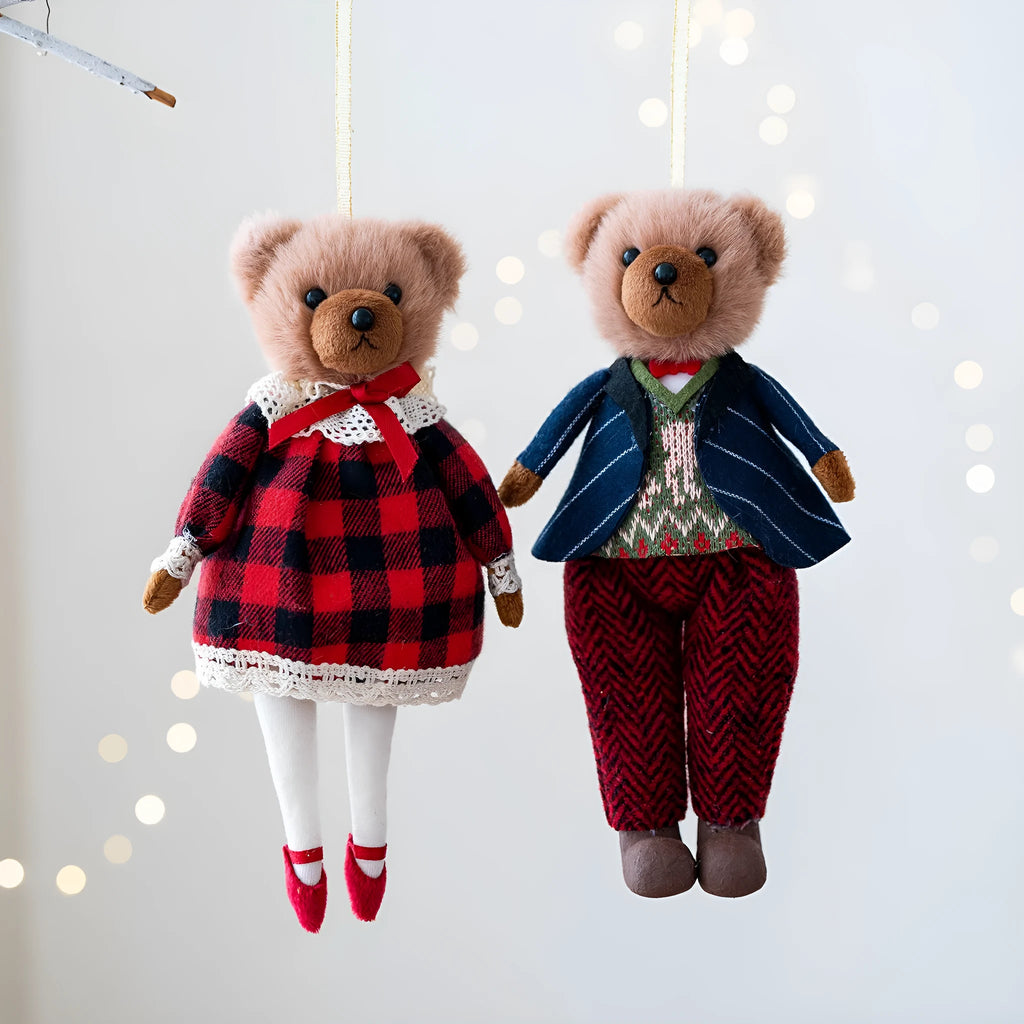 Cotton cloth plush bear doll couple in princess and gentleman bear styles with suit plaid design