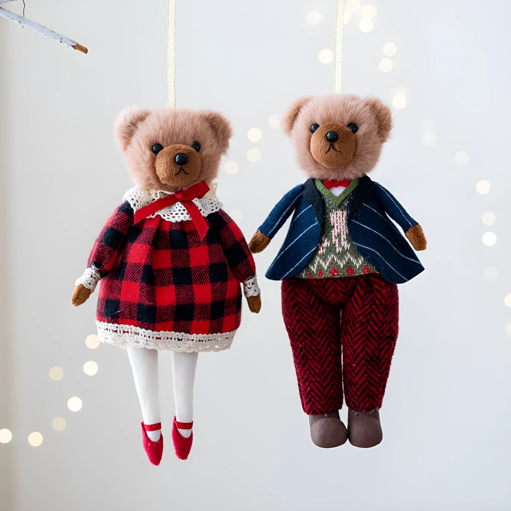 Cotton cloth plush bear doll couple in princess and gentleman bear styles with suit plaid design