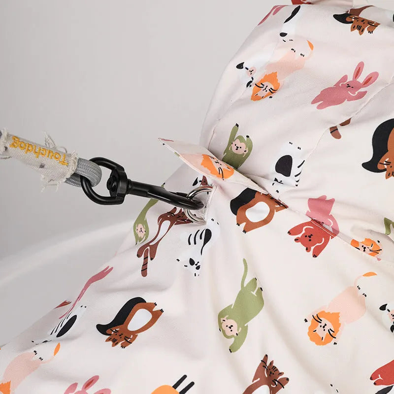 Beige cartoon dog raincoat with double waterproof coating in small animal or cat head design