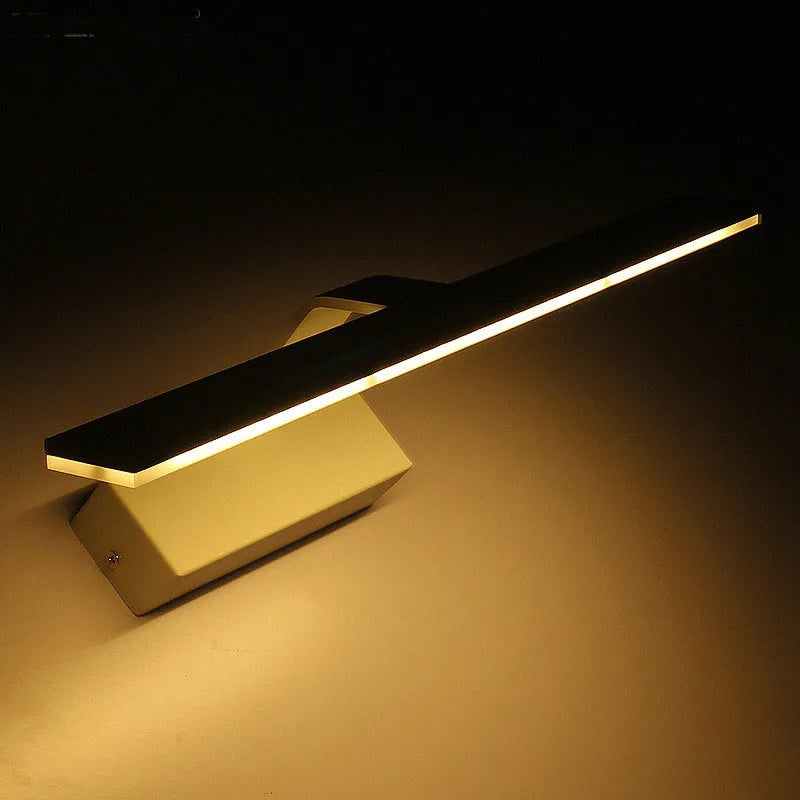 White rectangular LED bathroom mirror headlight with integrated lighting above vanity