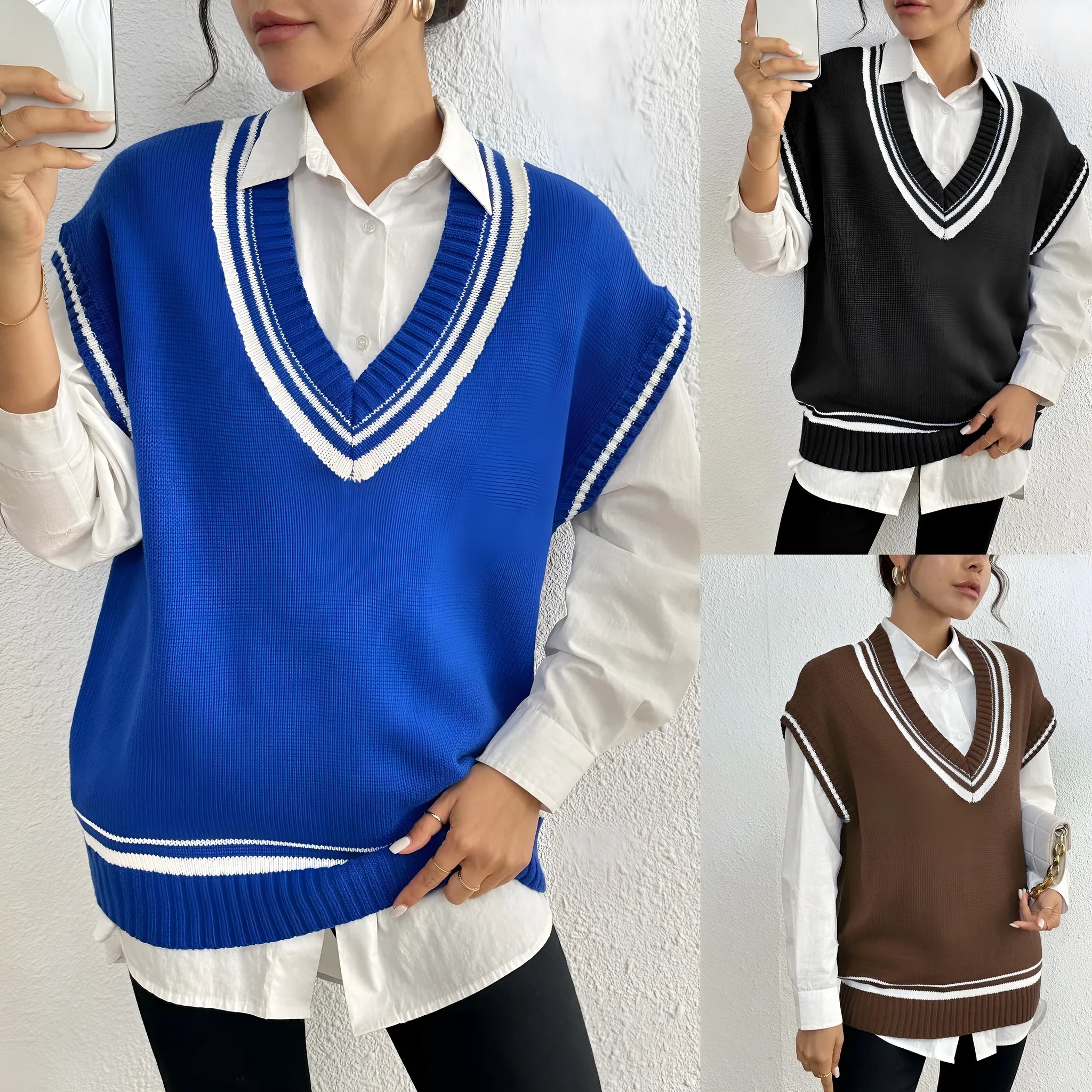 Blue loose-fit women's acrylic blend vest sweater on a hanger, college style.
