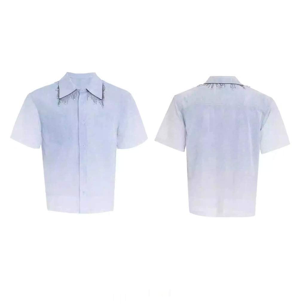 Blue and white gradient men's short sleeve casual shirt with loose fit design