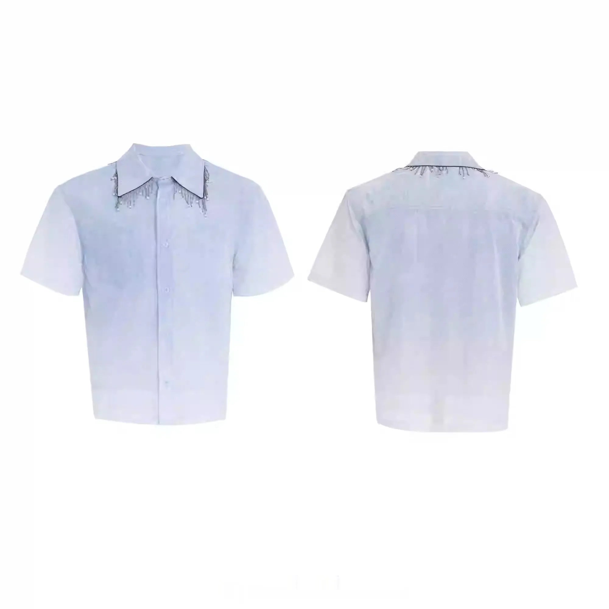 Blue and white gradient men's short sleeve casual shirt with loose fit design