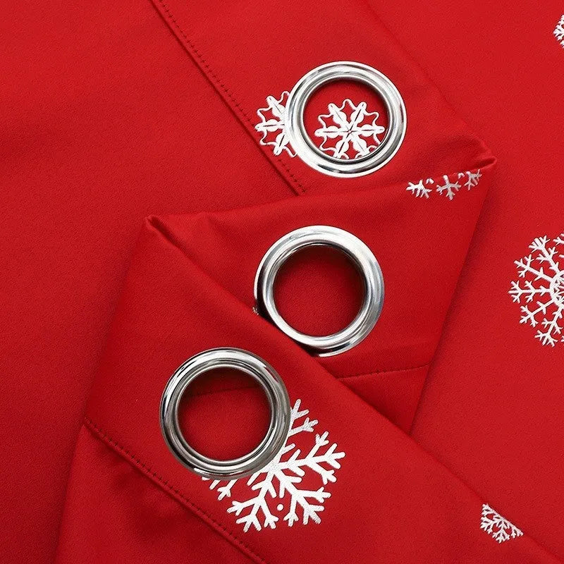 Red and green hole-free snowflake polyester shade cloth curtains in various sizes with lace loop and iron hoop detailing
