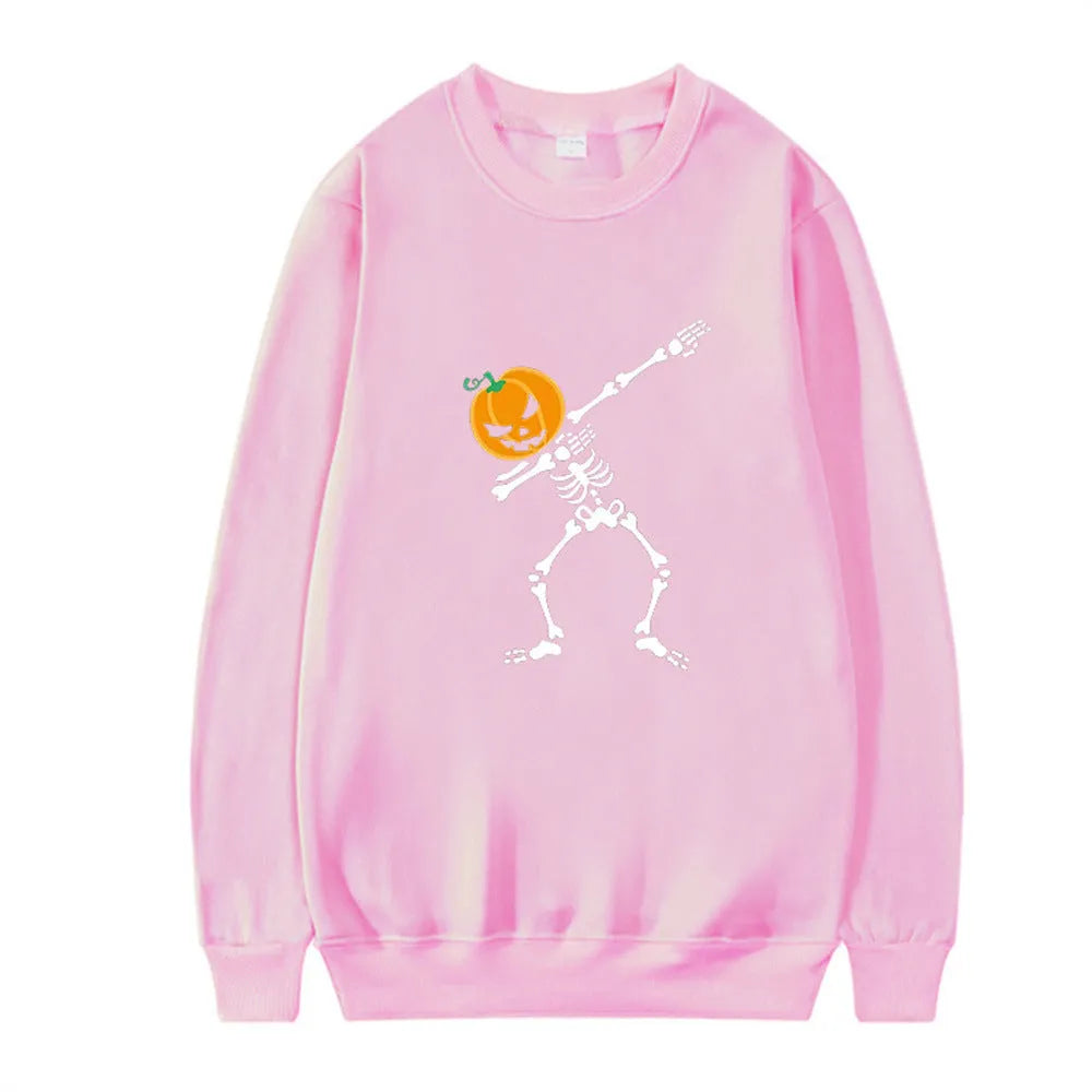 Women's casual printed crew neck long sleeve top in a cotton blend fabric on a hanger.