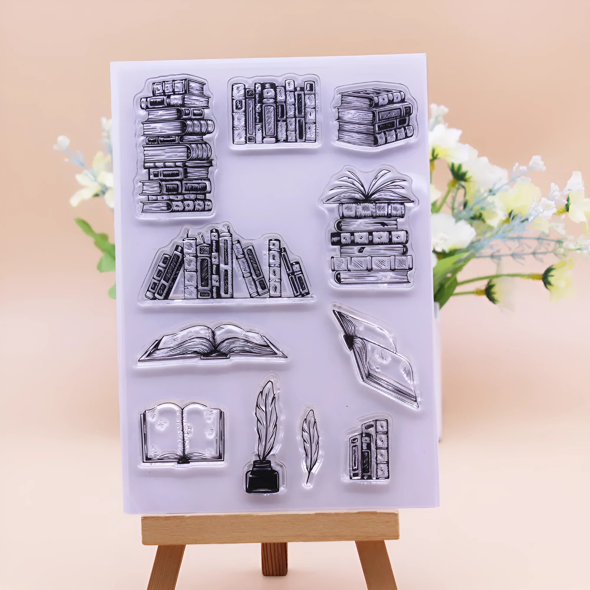 Large transparent silicone craft stamp with self-adhesive backing on a white background.