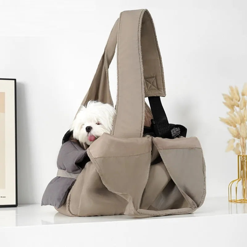 Apricot cloth pet carrier handbag with dimensions 41x16x28 cm for small dog or cat transport