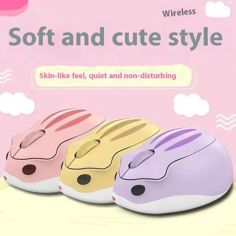 Hamster Wireless Mute Mouse in yellow, pink, and gray colour options, showing its compact size.