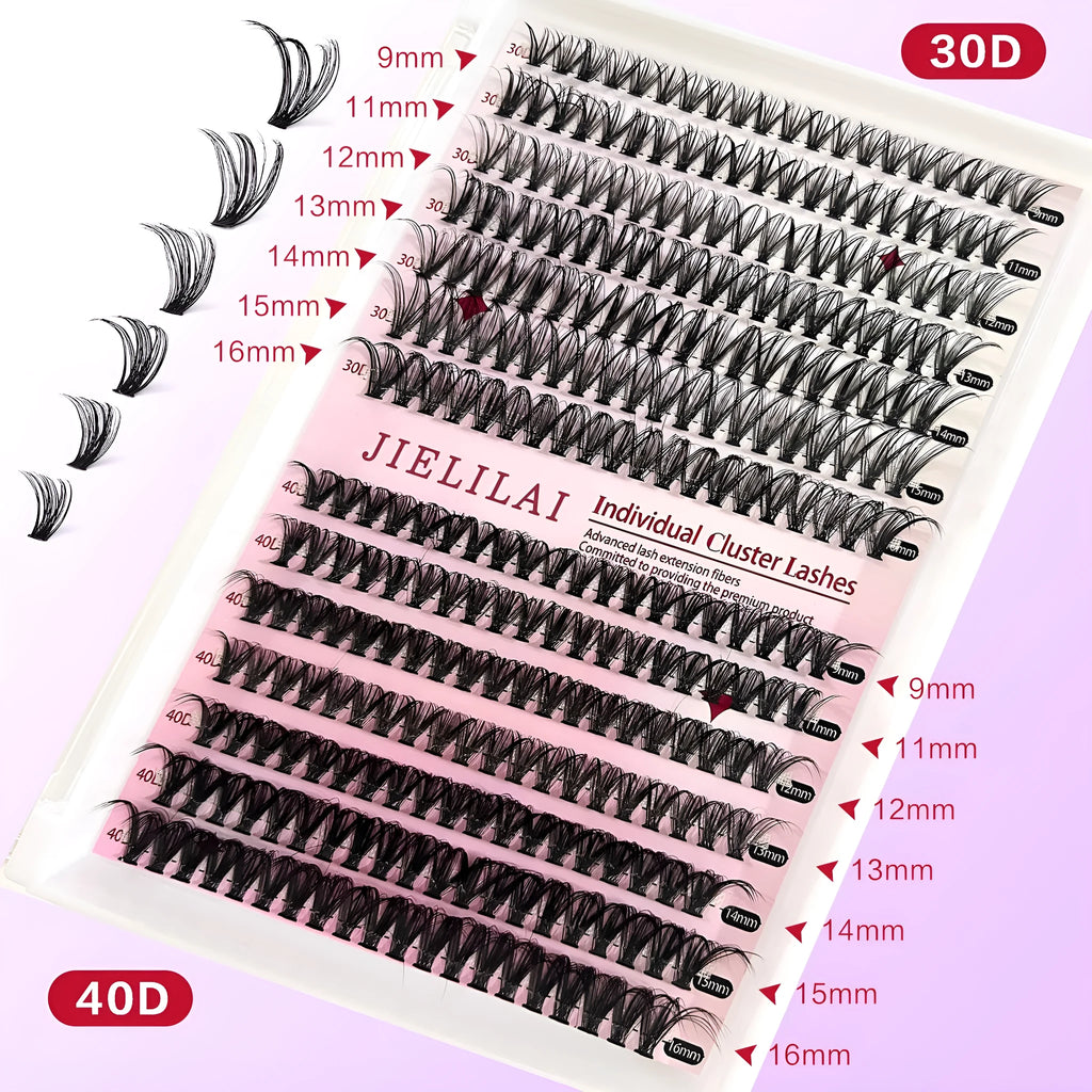 DIY cluster lashes mixed package showing 30D and 40D false eyelashes in 9-16mm lengths with application tweezers