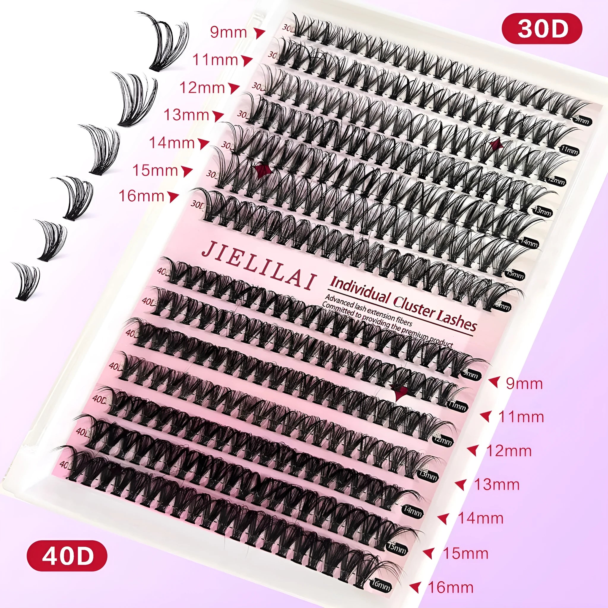 DIY cluster lashes mixed package showing 30D and 40D false eyelashes in 9-16mm lengths with application tweezers