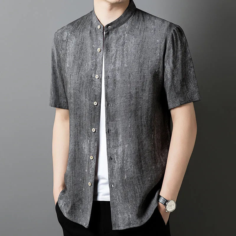 Men's solid colour stand collar linen blend shirt in loose cardigan style