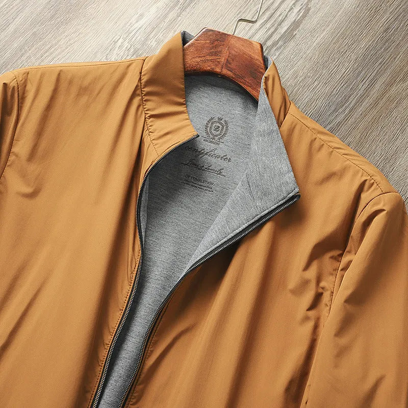 Men's stand collar casual jacket in polyester blend, shown in army green colour.
