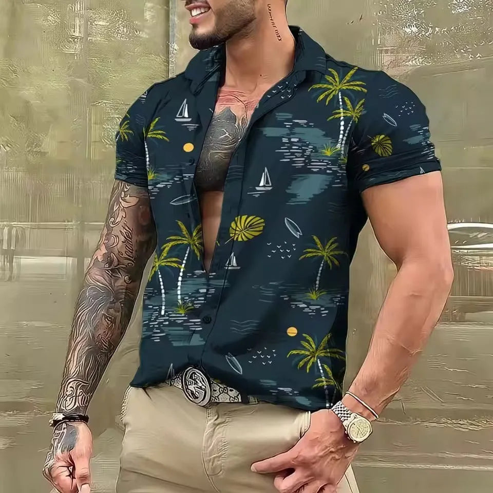 Men's loose fit floral print beach shirt in polyester, short sleeves, cardigan style.
