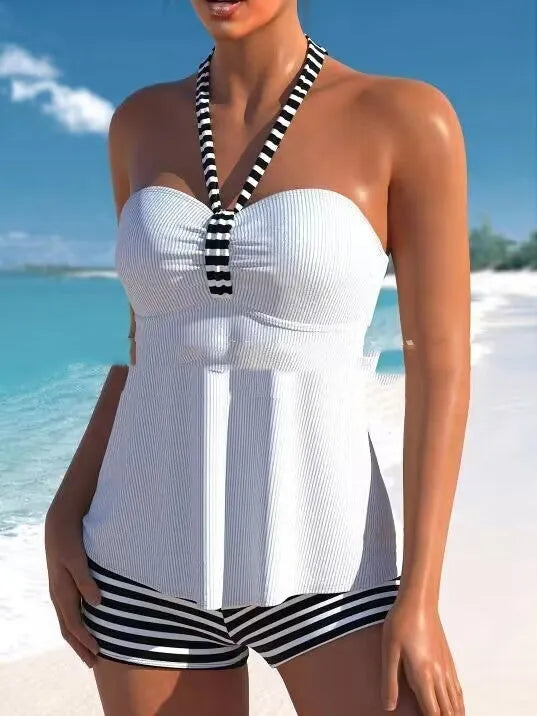 Black and white striped off-shoulder swimsuit with briefs cut and polyester lining